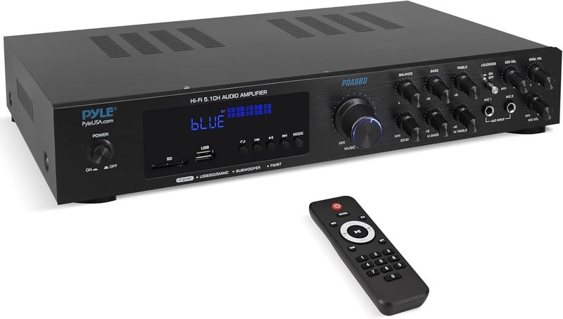 Pyle Bluetooth Audio Amplifier - Home Stereo Receiver with 5 Channels and Subwoofer Out - MP3/USB/SD - AUX - FM Radio - 2 Mic Inputs w/ Echo - VFD Display - Remote Control - PDA8BU - Image 1